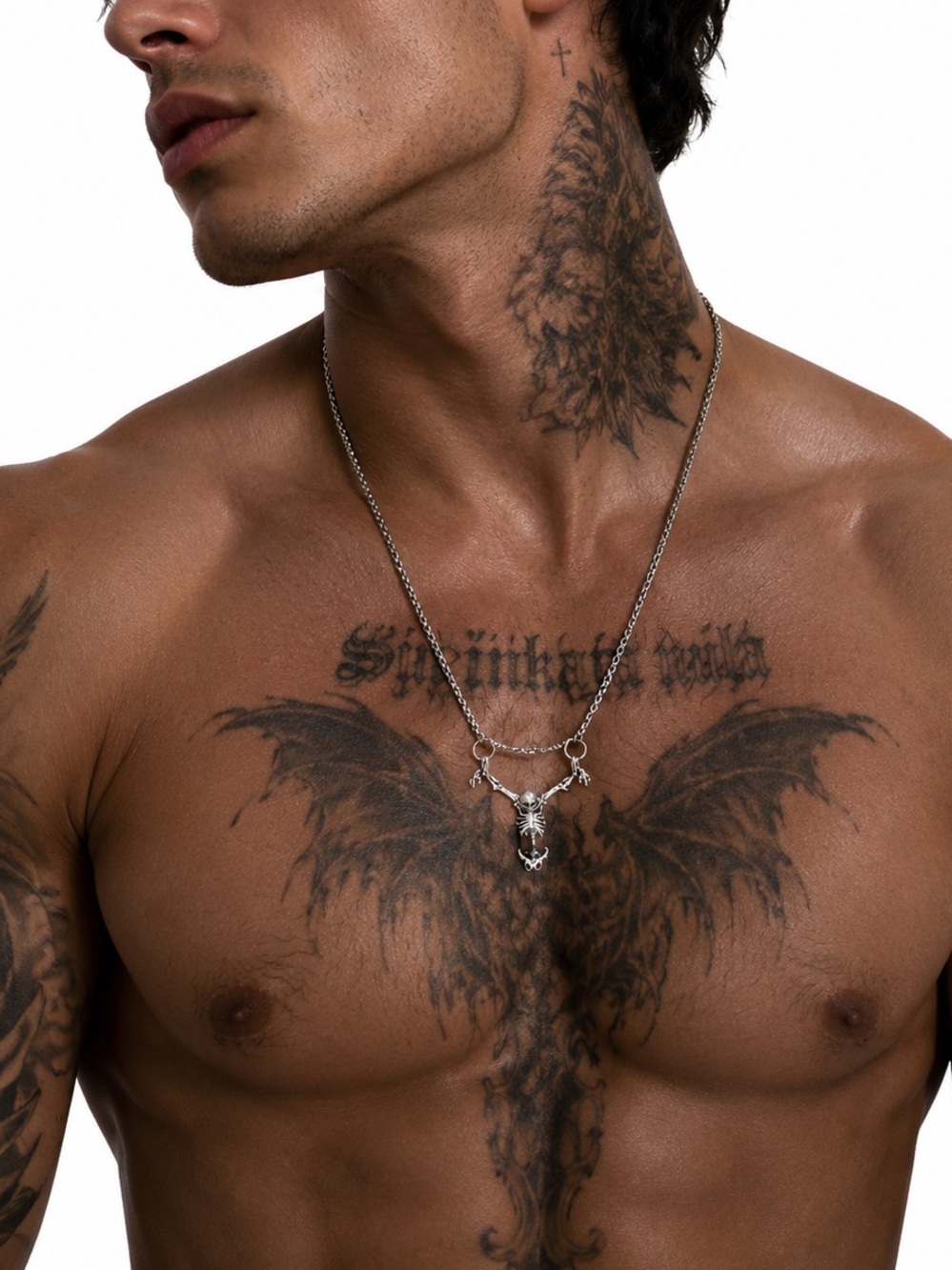 Mens Necklace Skeleton Hanging Silver Tone Goth Halloween New With Tags